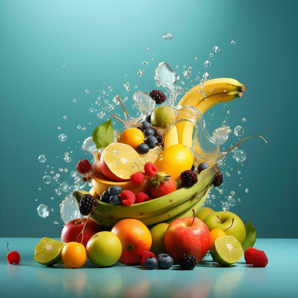 pilha do fruta com dramático água respingo, generativo ai foto