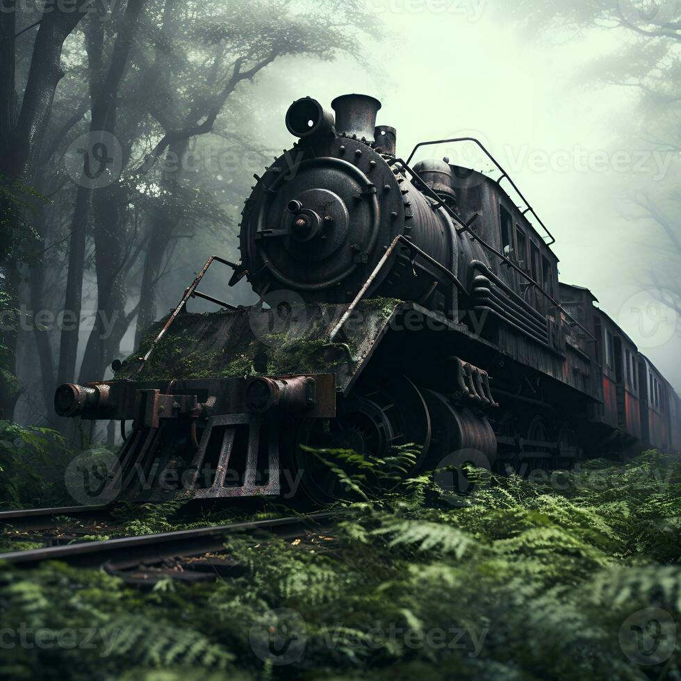 abandonado vapor trem dentro a floresta, ai generativo foto