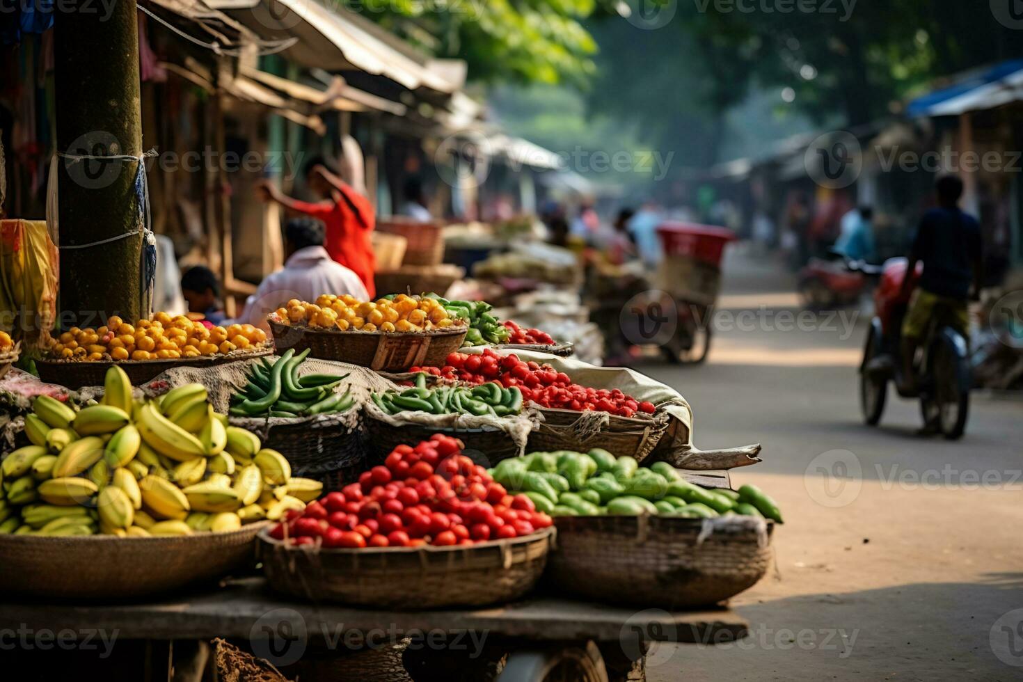 Visão do vendedores vendendo fresco Comida dentro tradicional mercado ai generativo foto