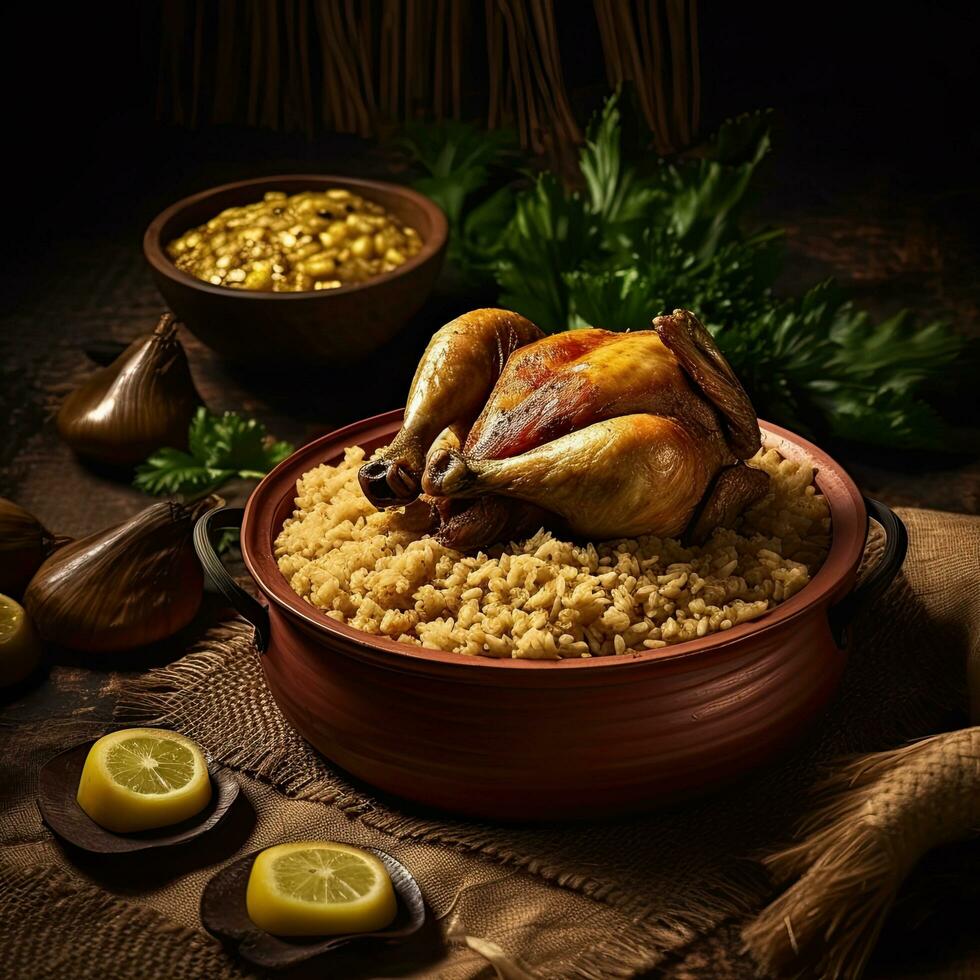 frango muamba, Gabão comida, rústico estilo fundo, cópia de espaço, generativo ai. foto