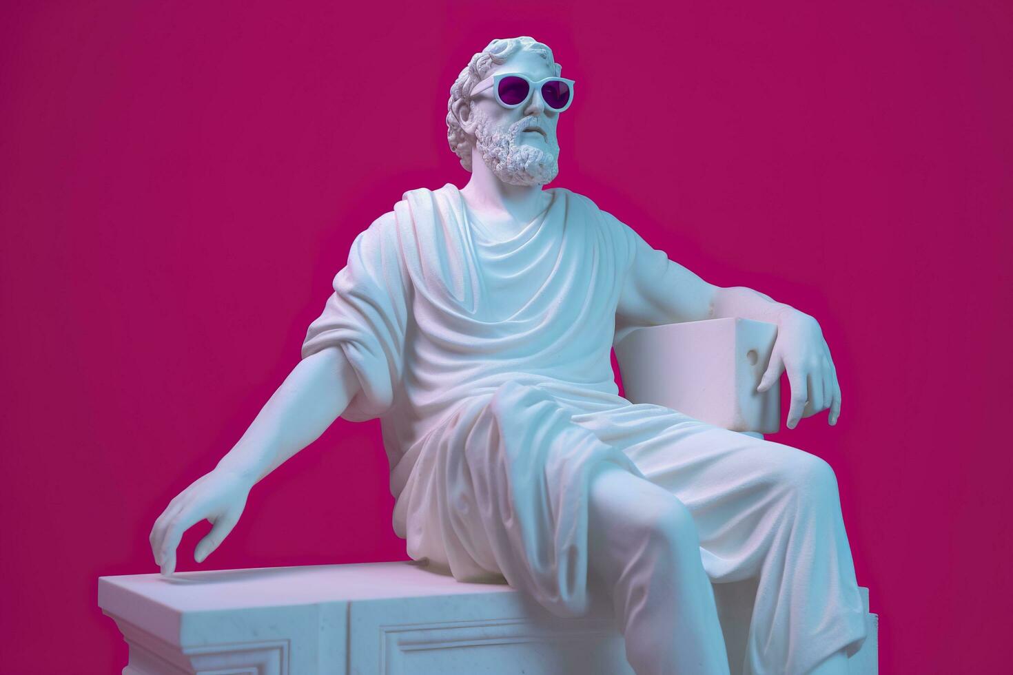 uma branco estátua do Platão dentro uma legal pose, vestindo magenta e ciano 3d copos, pronto para Festa. ai generativo foto