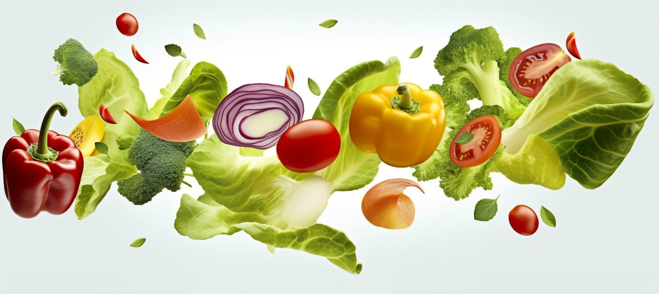 queda vegetais, salada do Sino pimenta, tomate, e alface folhas. generativo ai foto