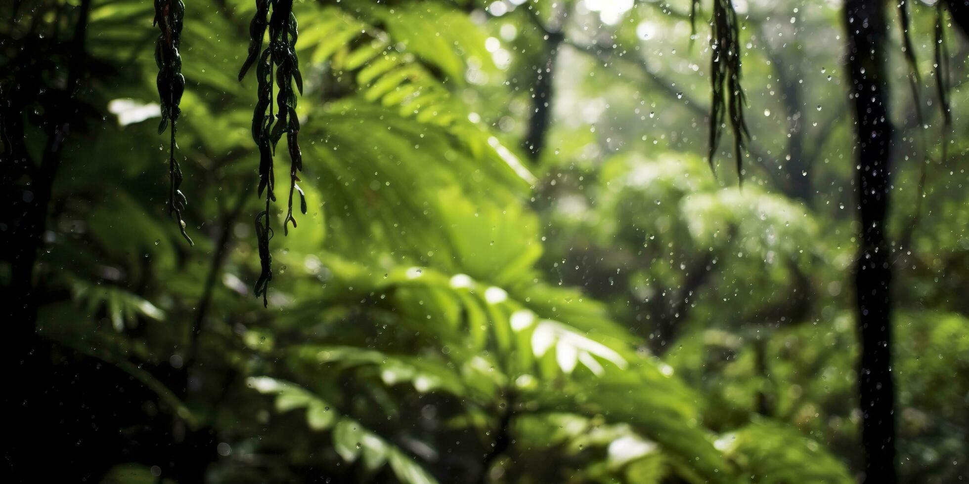 chuva cai dentro uma floresta tropical com a chuva gotas. generativo ai foto