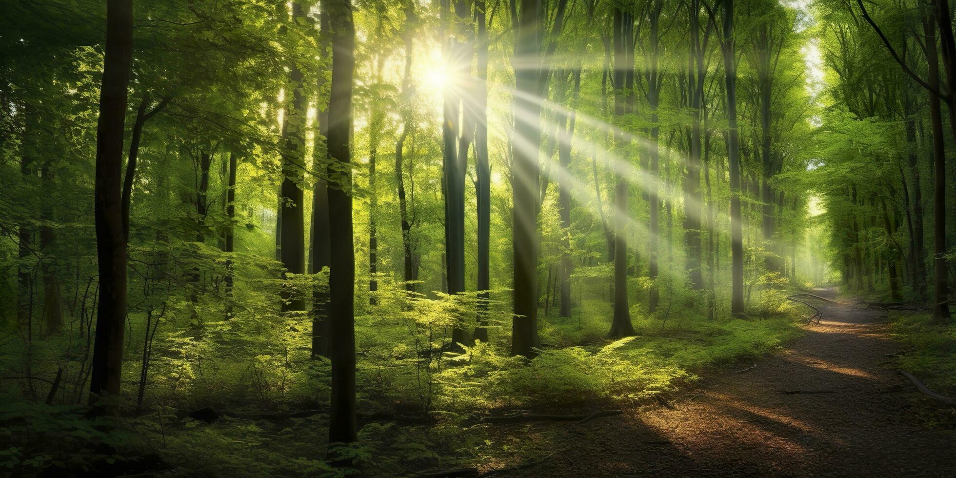 lindo raios do luz solar dentro uma verde floresta. generativo ai foto