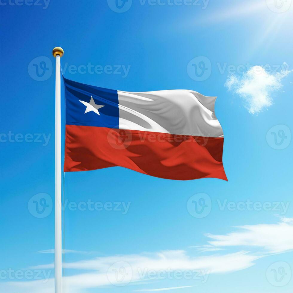 acenando bandeira do Chile em mastro de bandeira com céu fundo. foto