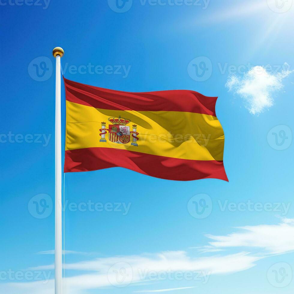 acenando bandeira do Espanha em mastro de bandeira com céu fundo. foto