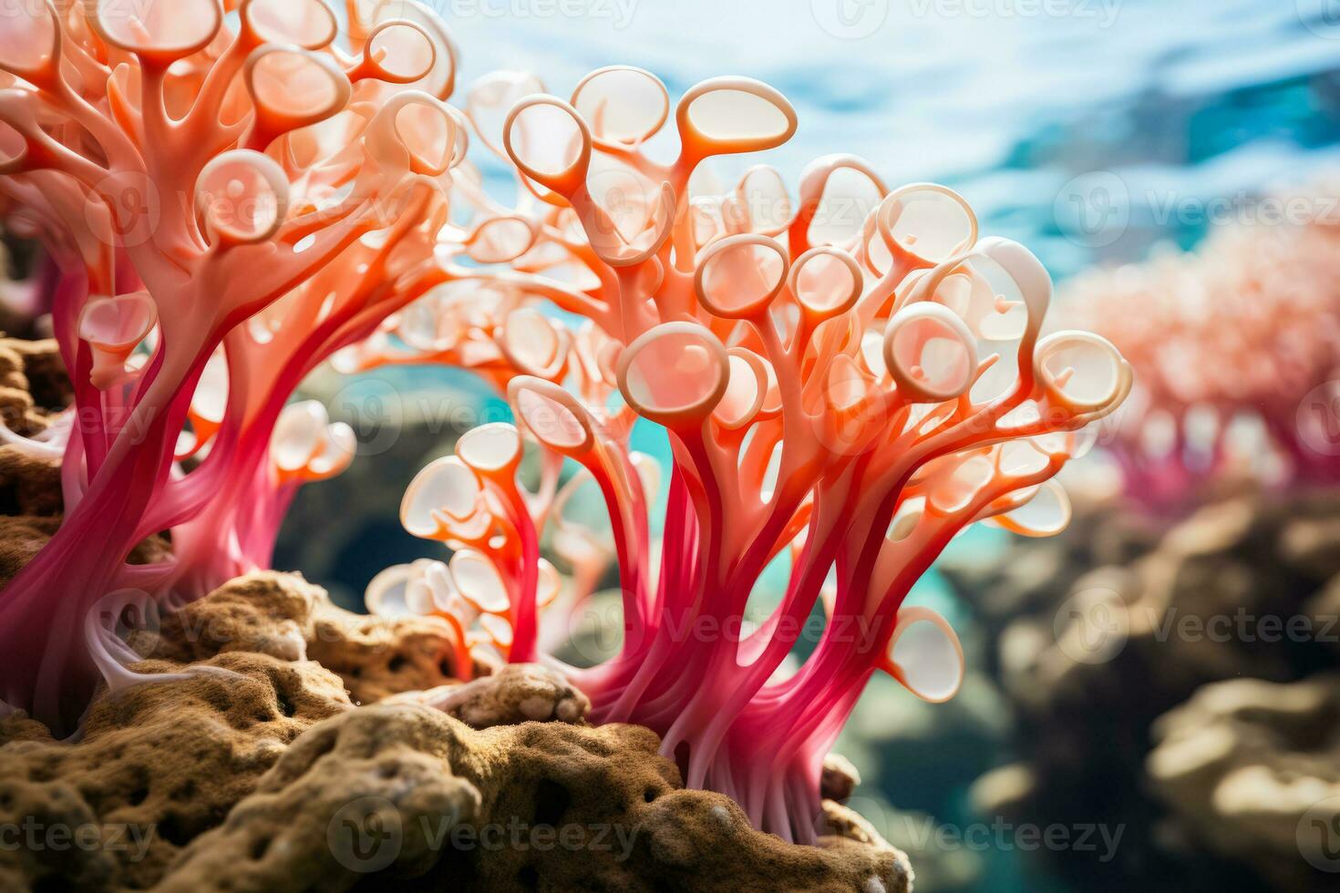 uma florescente 3d impresso recife abundante com marinho vida capturando a sucesso do artificial habitat restauração foto