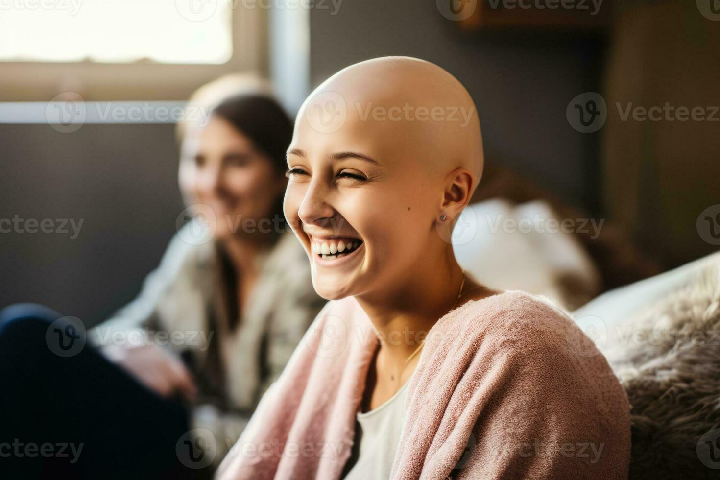 Câncer paciente partilha uma rir com família fundo com esvaziar espaço para texto foto