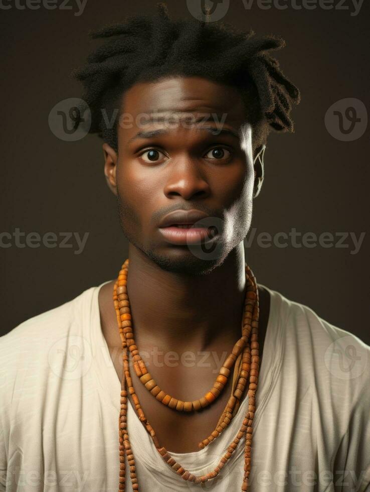 jovem homem com africano características quem parece para estar chocado ai generativo foto