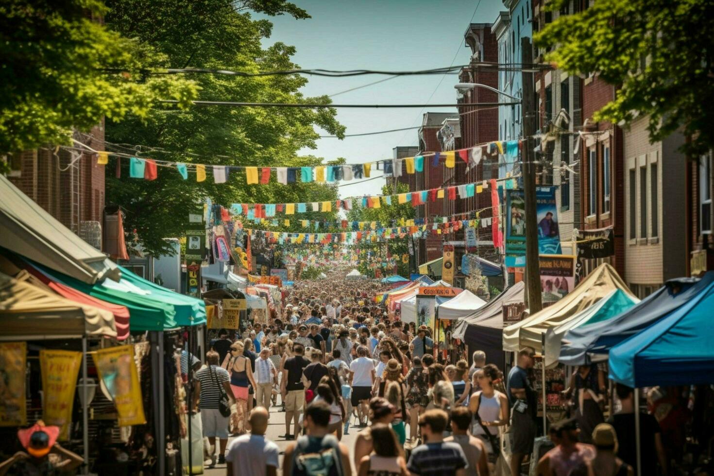 uma movimentado rua festival em uma caloroso dia foto