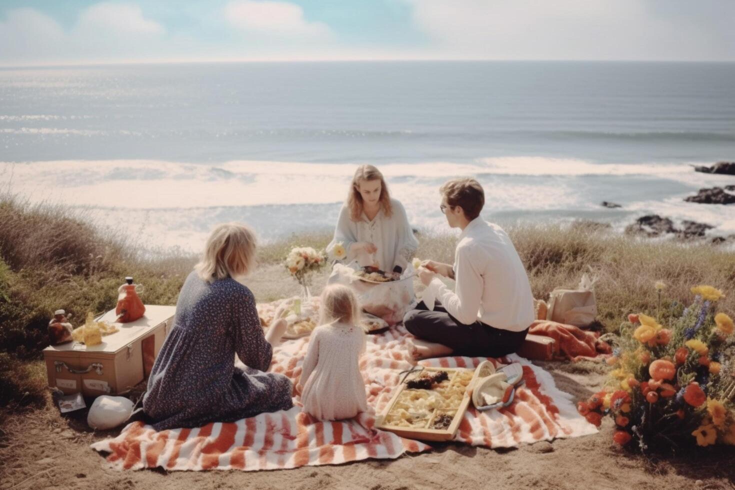 uma família piquenique às a de praia foto