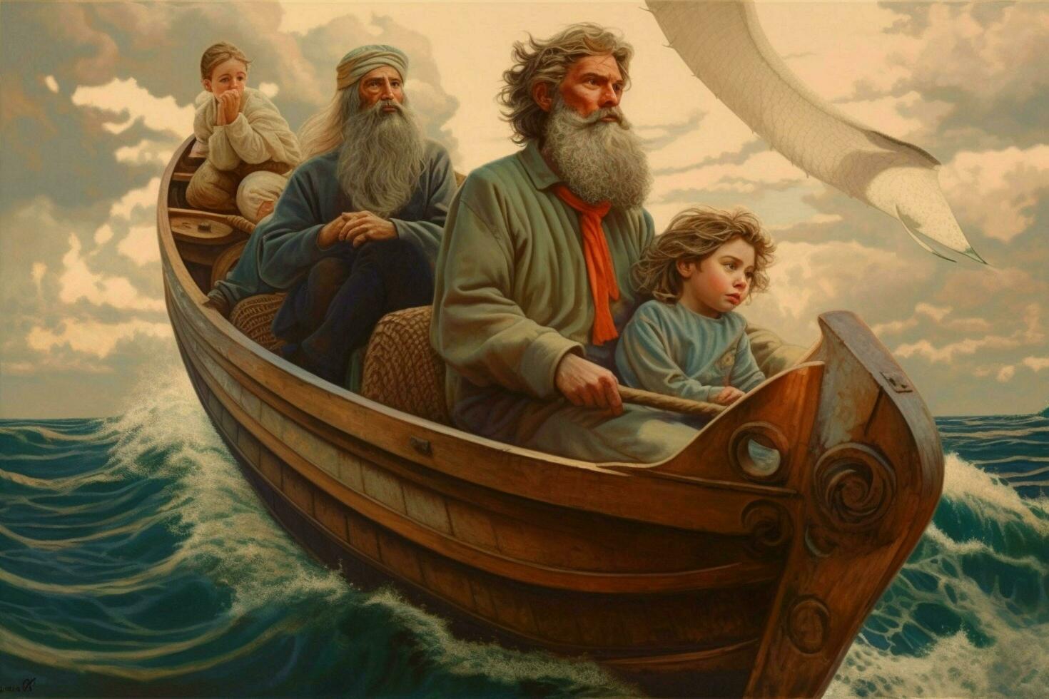 uma pai e dele família indo em uma barco passeio foto