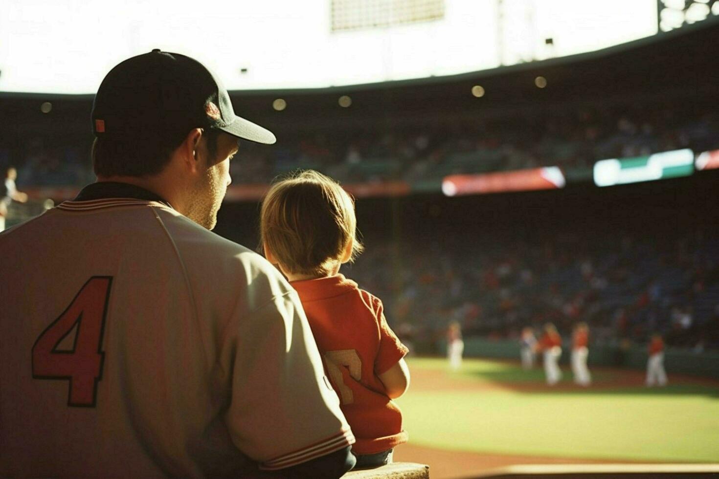 uma pai levando dele criança para uma beisebol jogos foto