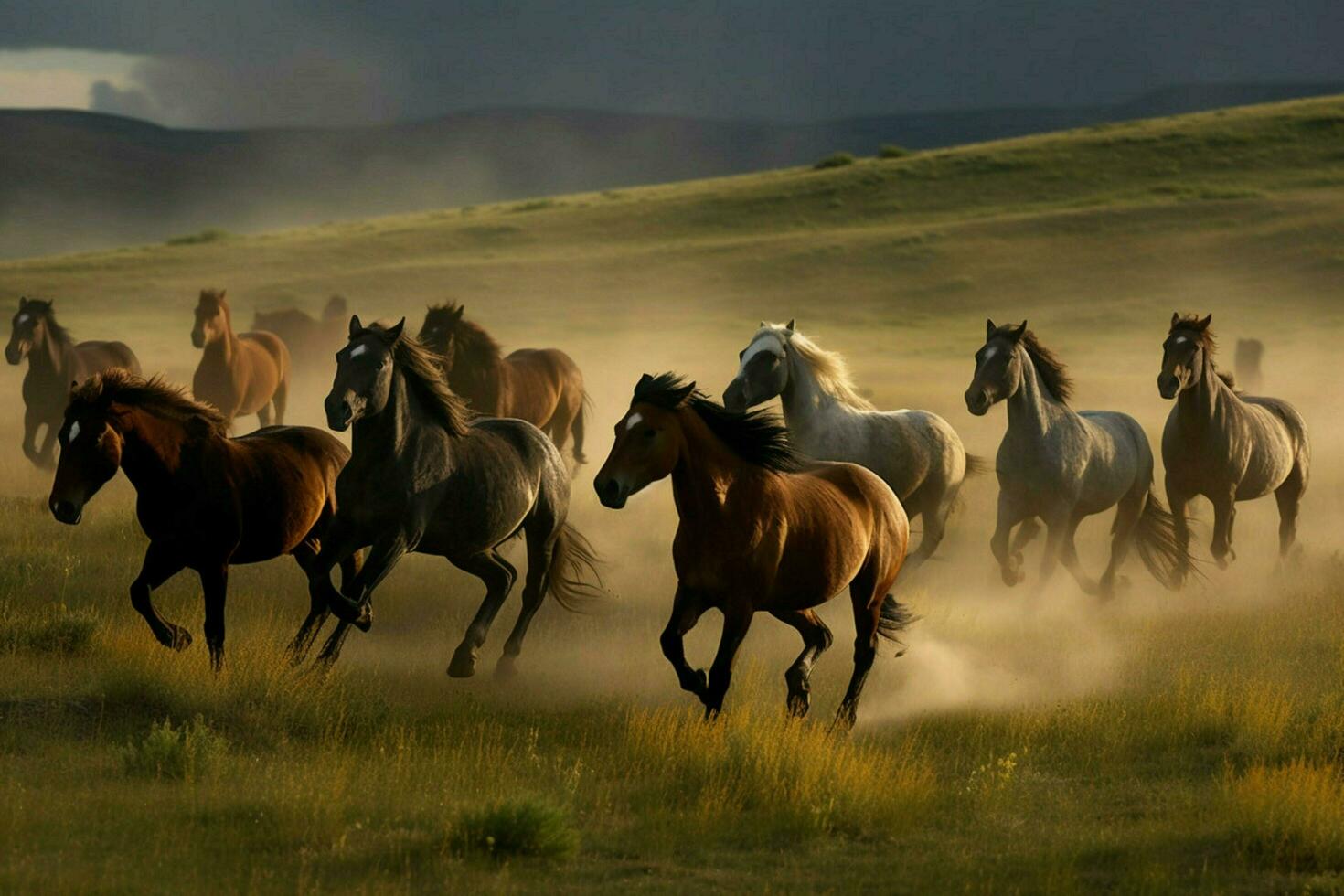 uma grupo do selvagem cavalos dentro uma ventoso campo foto