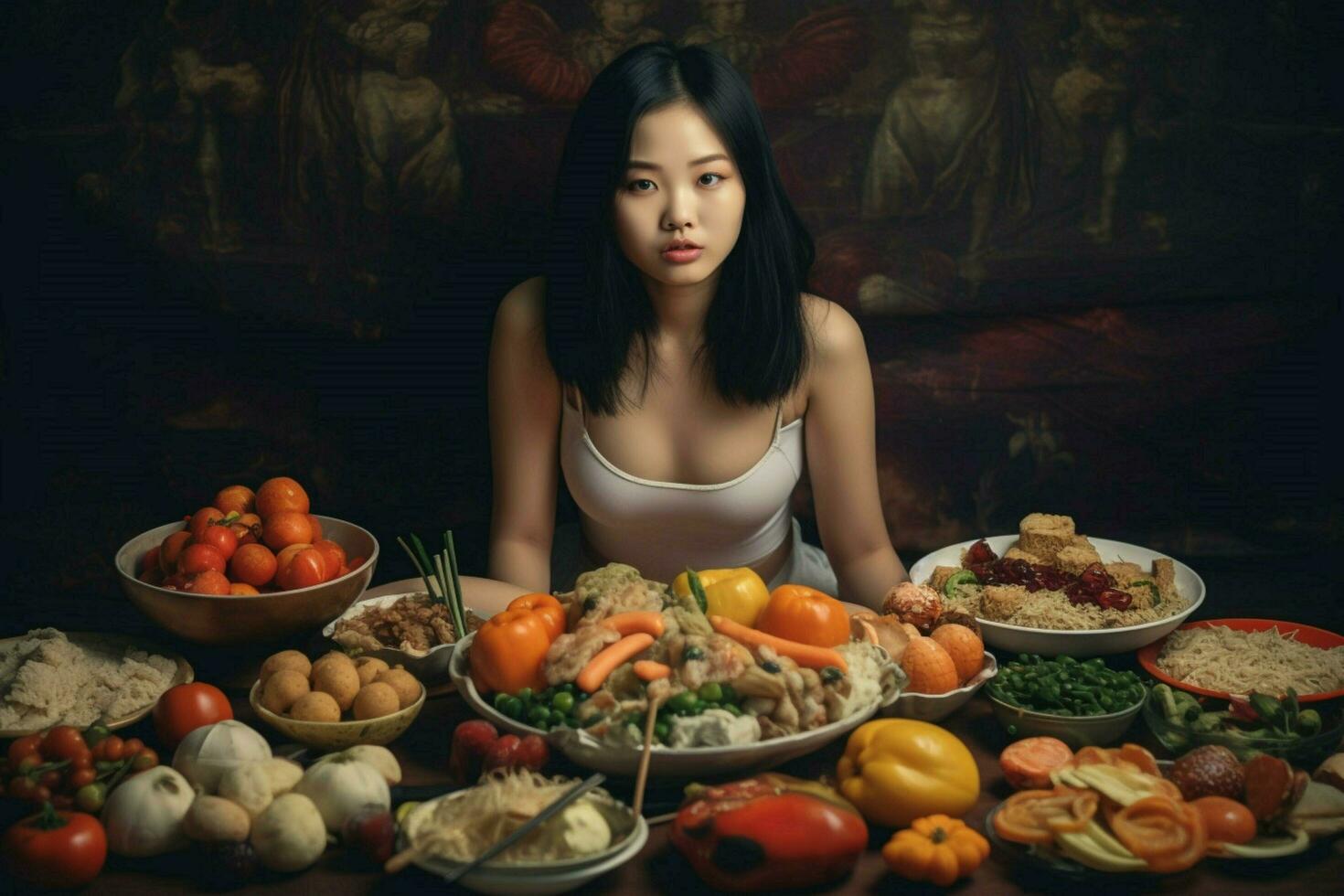 ásia jovem mulher é comendo dieta Comida foto