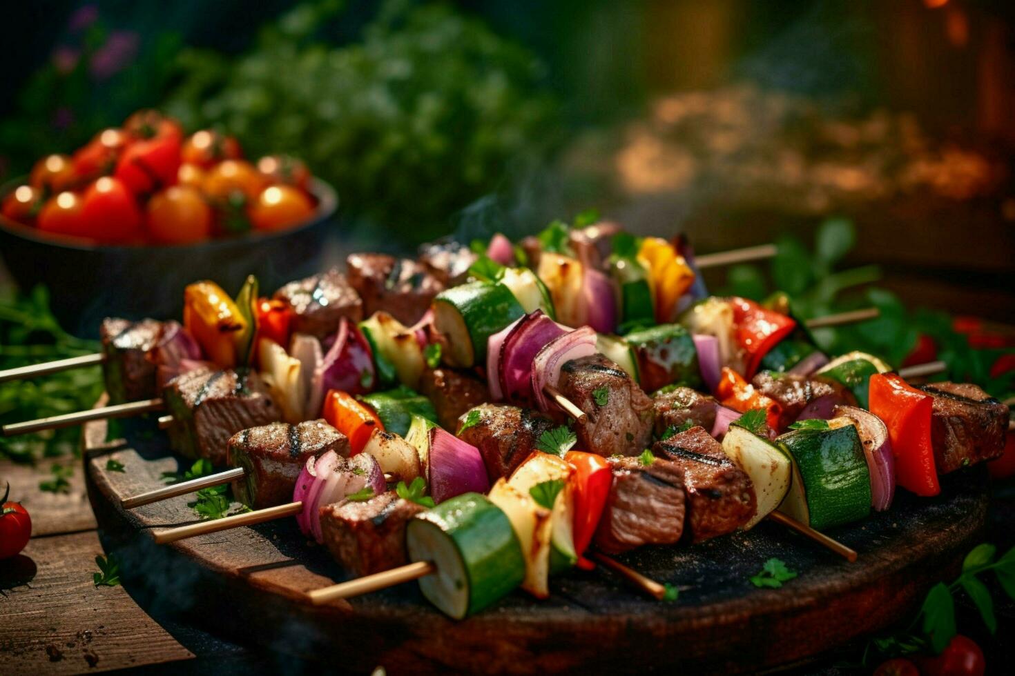 concurso cubos do carne espetado com colorida vegetal foto