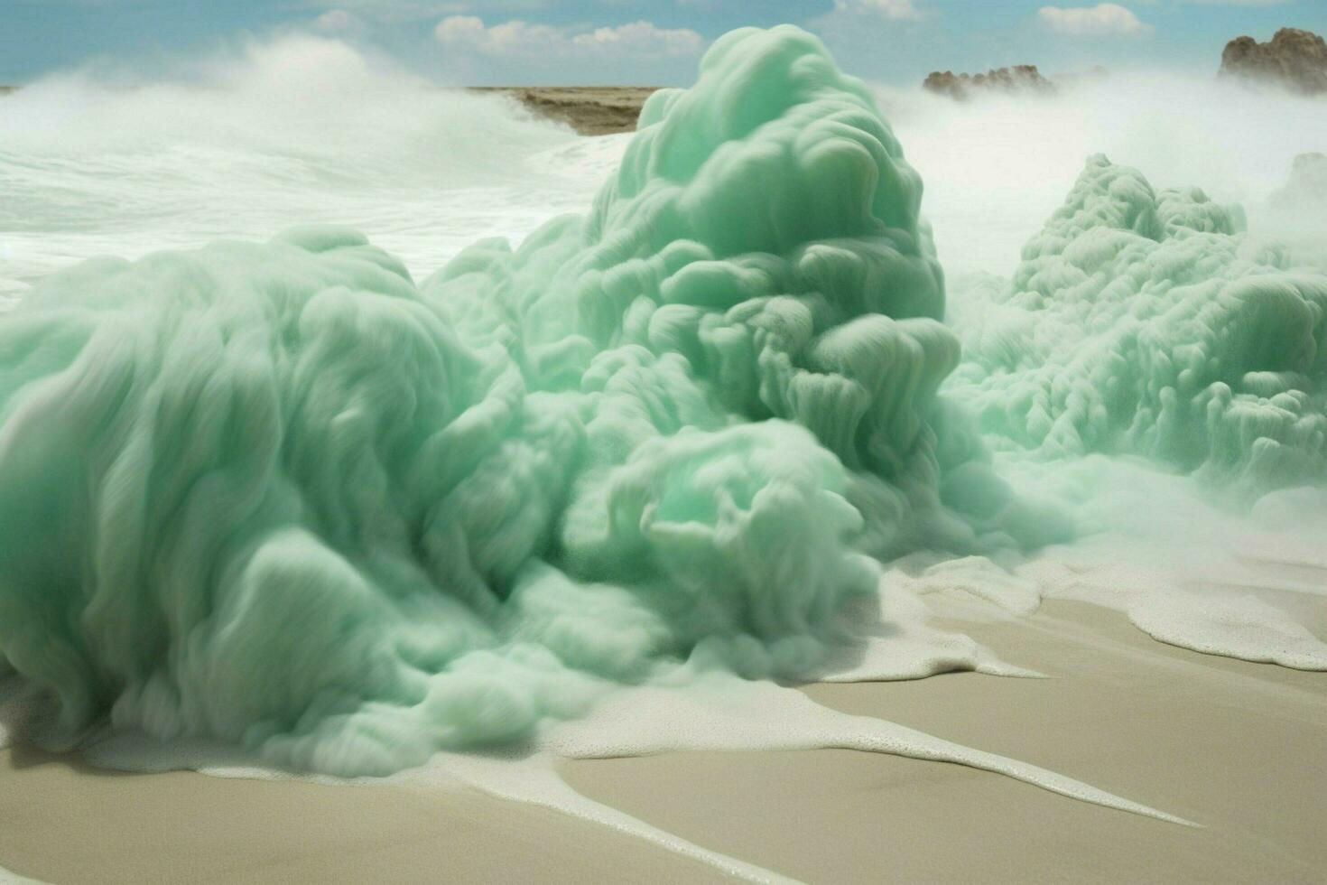 a espuma do mar cria uma espumoso tela de pintura em a areia foto