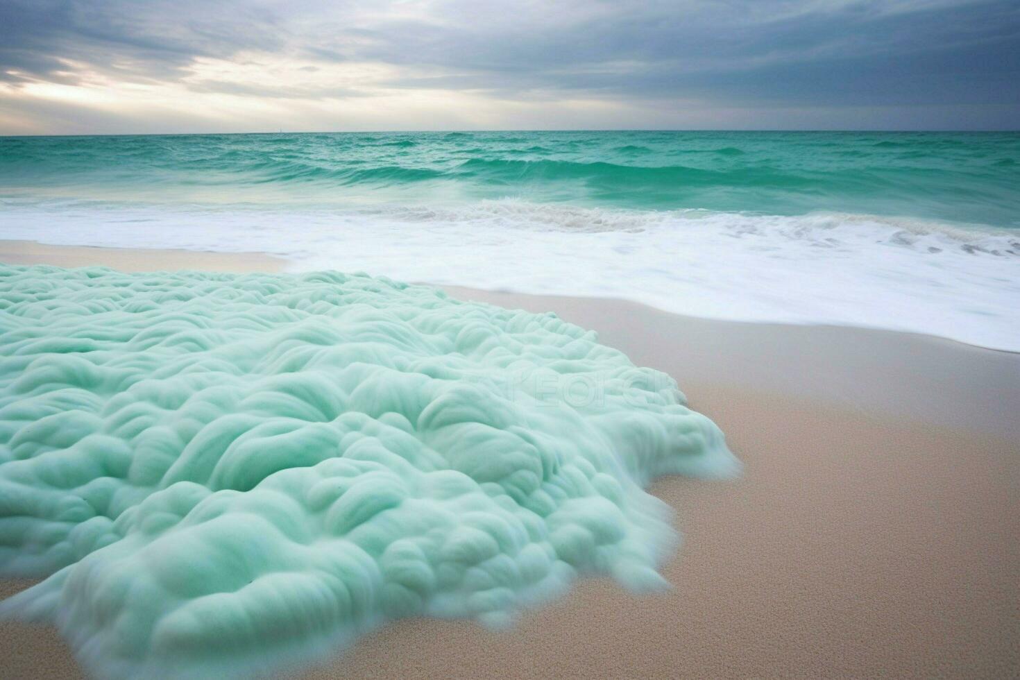 a espuma do mar cria uma espumoso tela de pintura em a areia foto