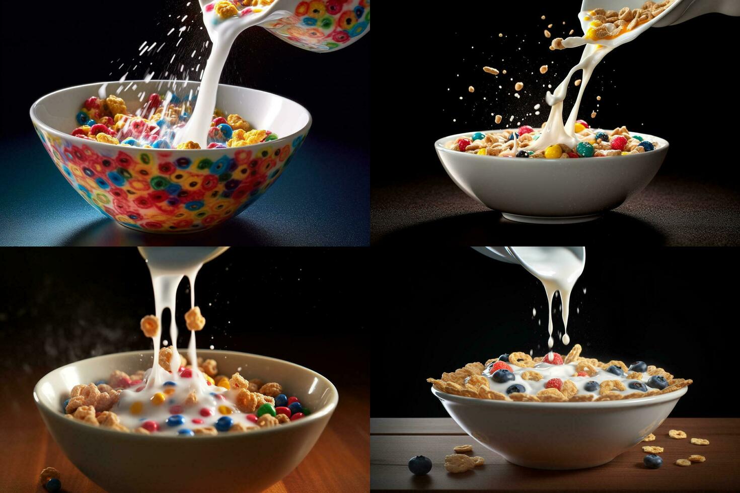 uma tigela do cereal com uma branco líquido ser derramado foto