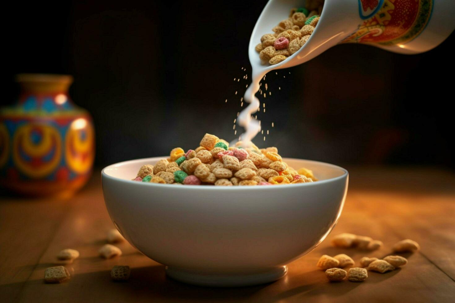 uma tigela do cereal é ser derramado para dentro uma tigela com foto