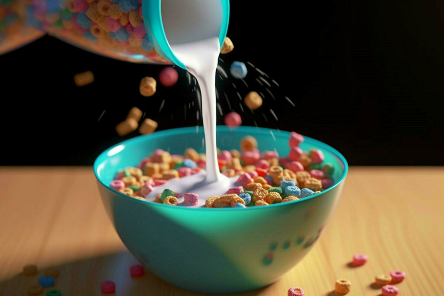 uma tigela do cereal com leite derramando para dentro isto foto