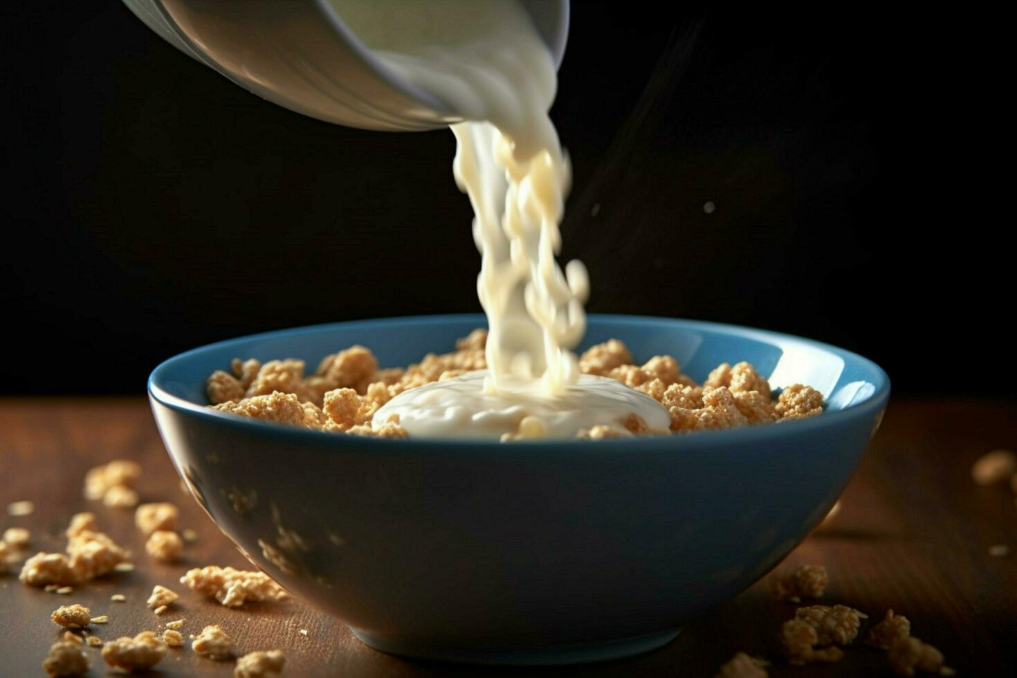 uma tigela do cereal com leite derramando para dentro isto foto