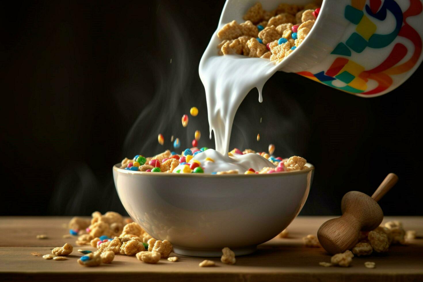 uma tigela do cereal com leite derramando para dentro isto foto