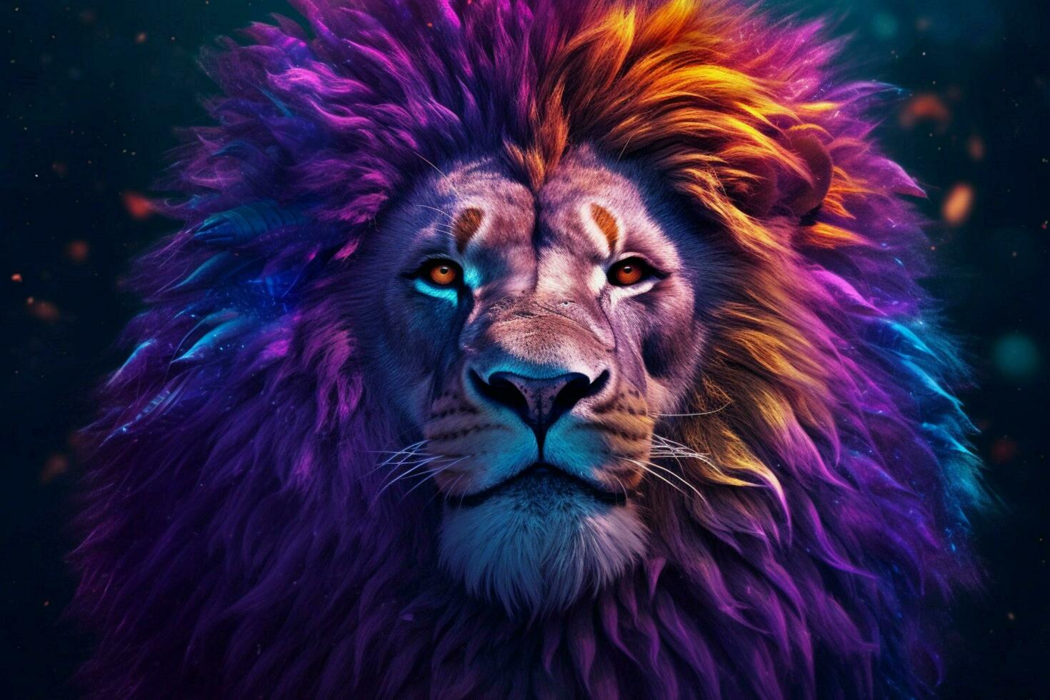 uma colorida leão com uma azul juba e uma roxa juba foto