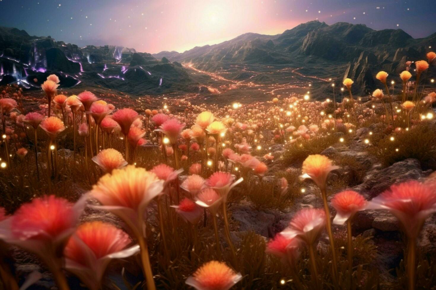 uma campo do flores com uma brilhante luz atrás a foto