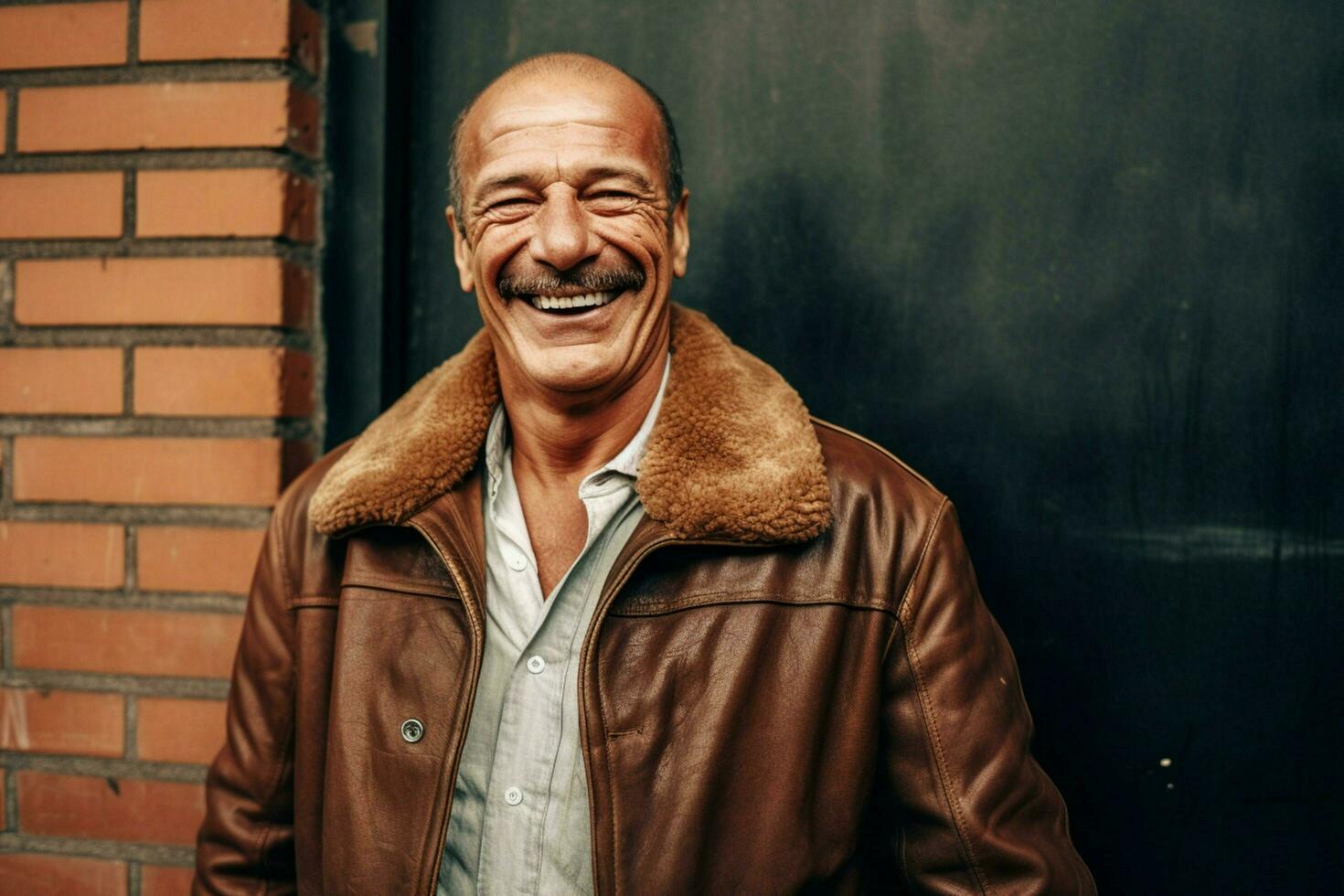 uma homem vestindo uma Castanho couro Jaqueta sorrisos para t foto