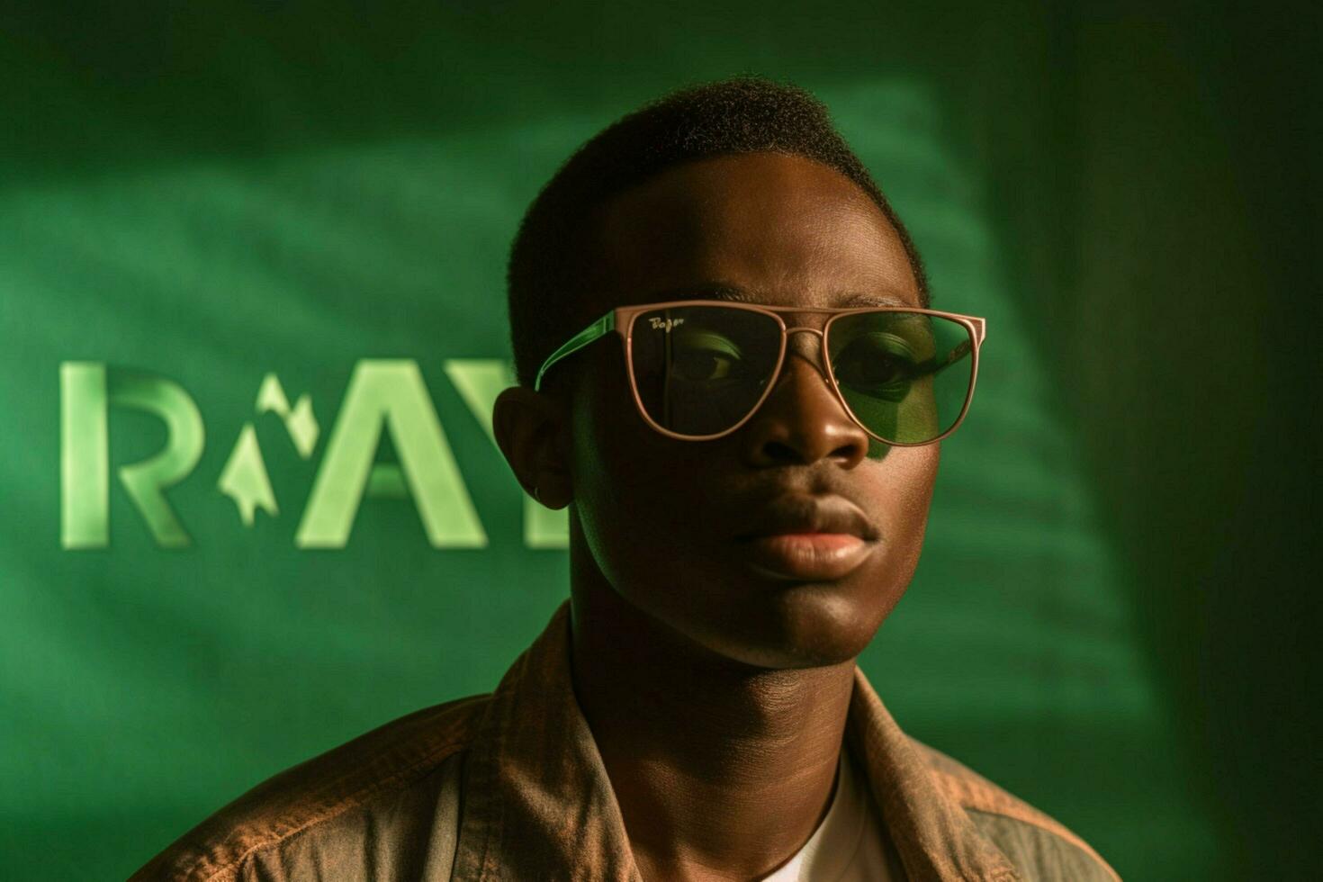 uma homem vestindo uma verde camisa e oculos de sol com t foto