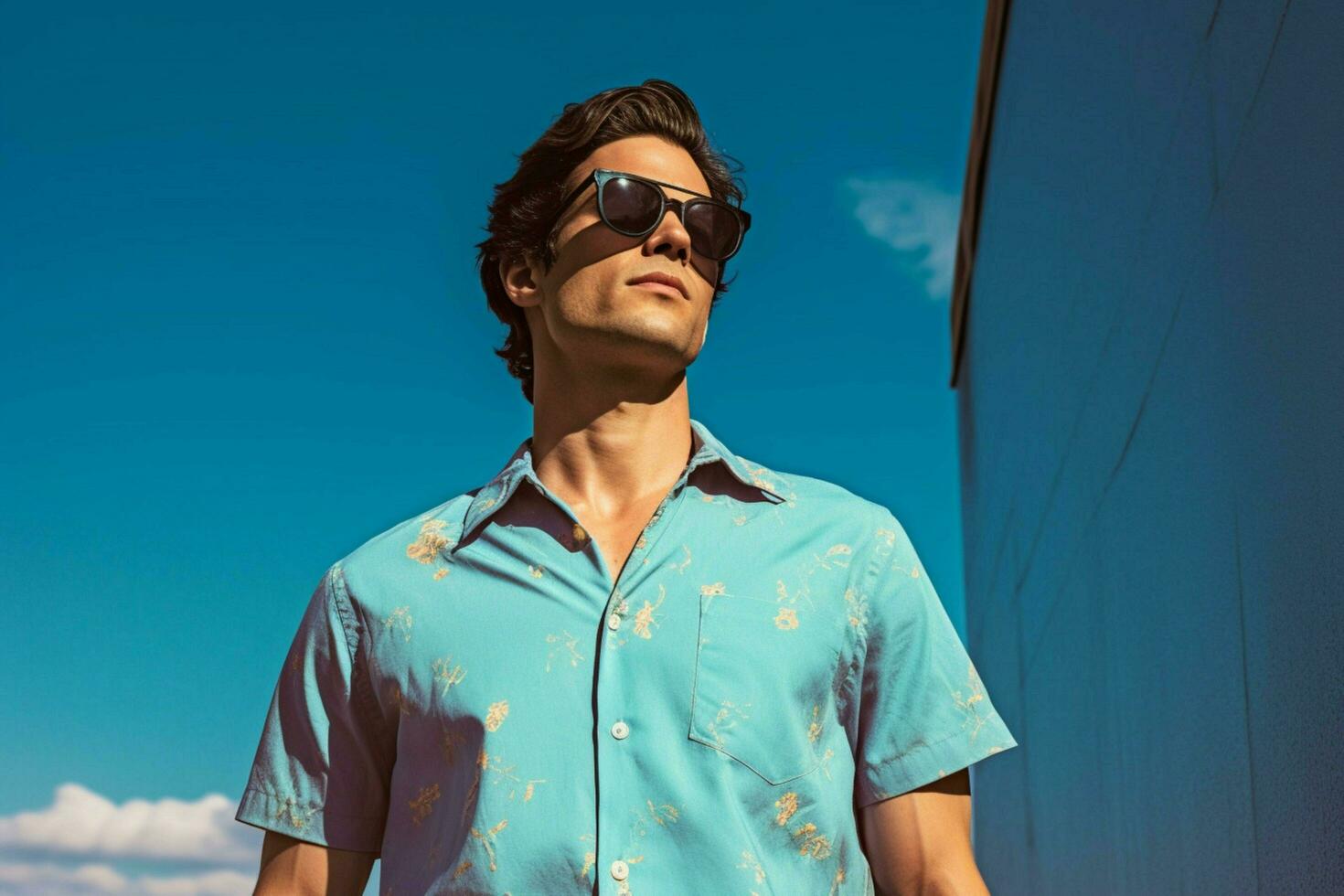 uma homem vestindo oculos de sol e uma azul camisa foto