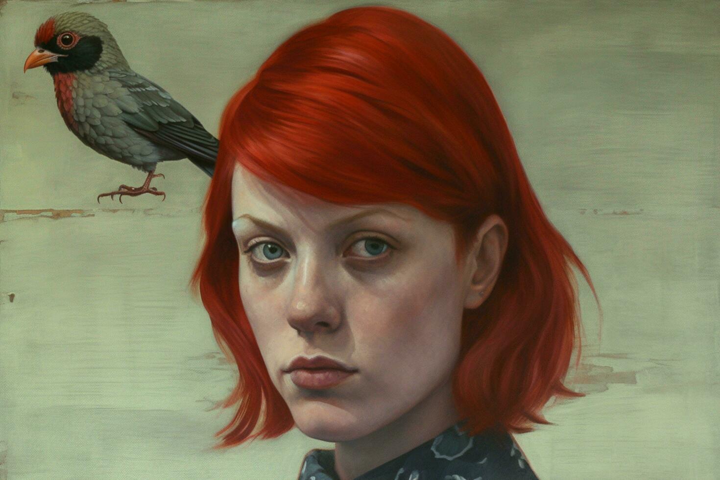 uma pintura do uma pássaro com uma vermelho cabeça e Preto ey foto