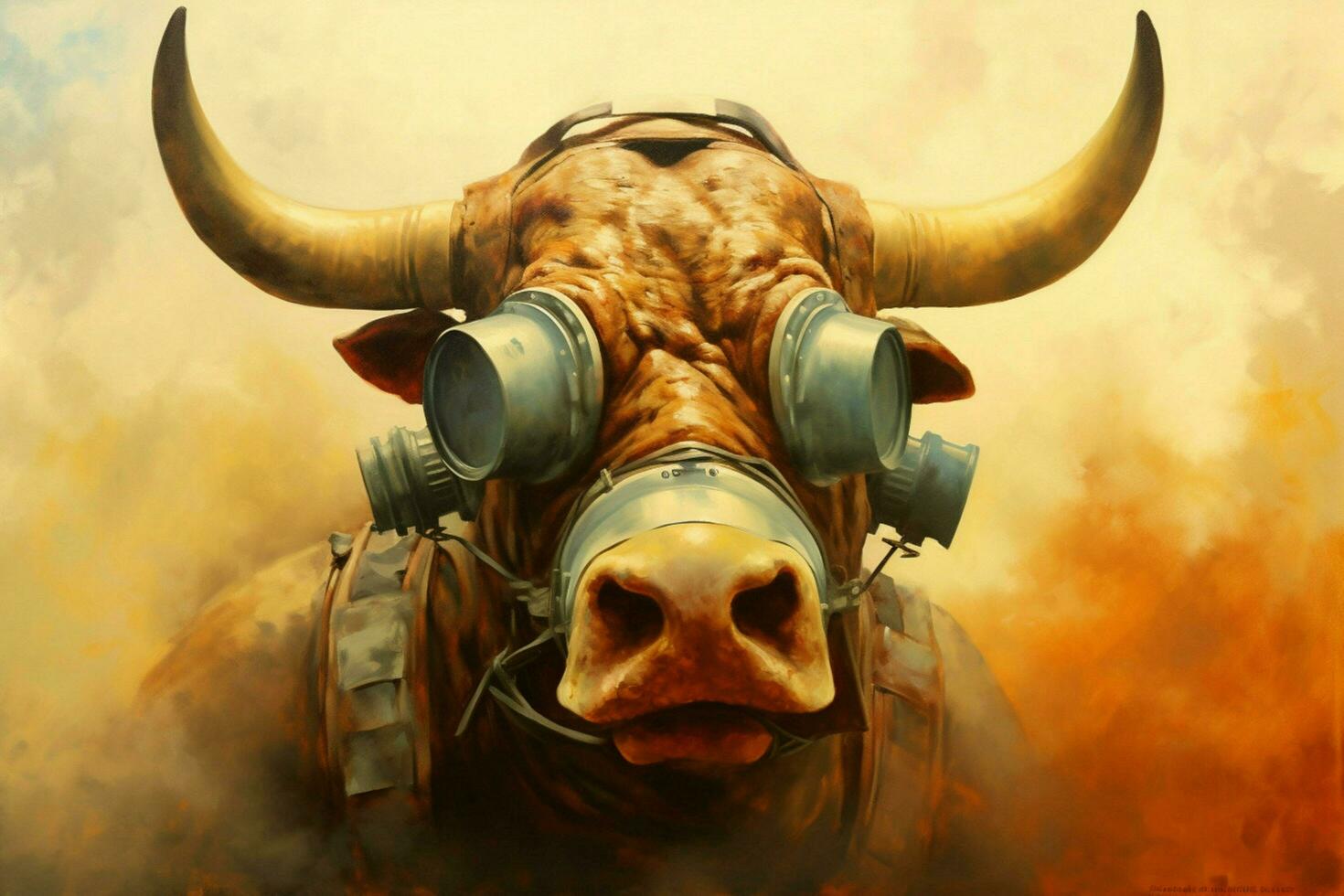 uma pintura do uma touro com uma gás mascarar em isto foto