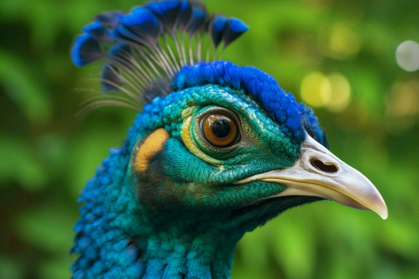 uma pavão com uma azul cabeça e verde penas em isto foto