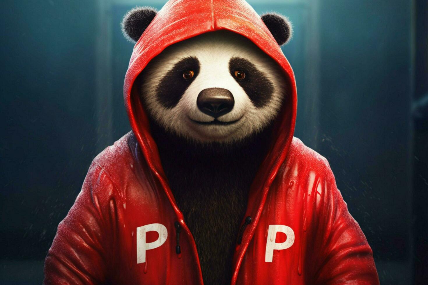 uma panda com uma vermelho Jaqueta e uma moletom com capuz este diz foto