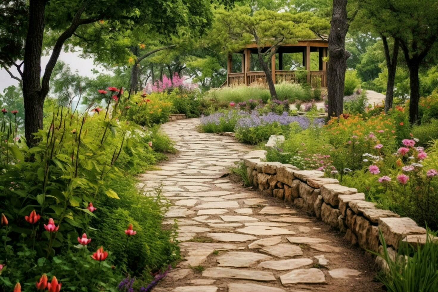 uma caminho conduzindo para uma flor jardim com uma florido foto