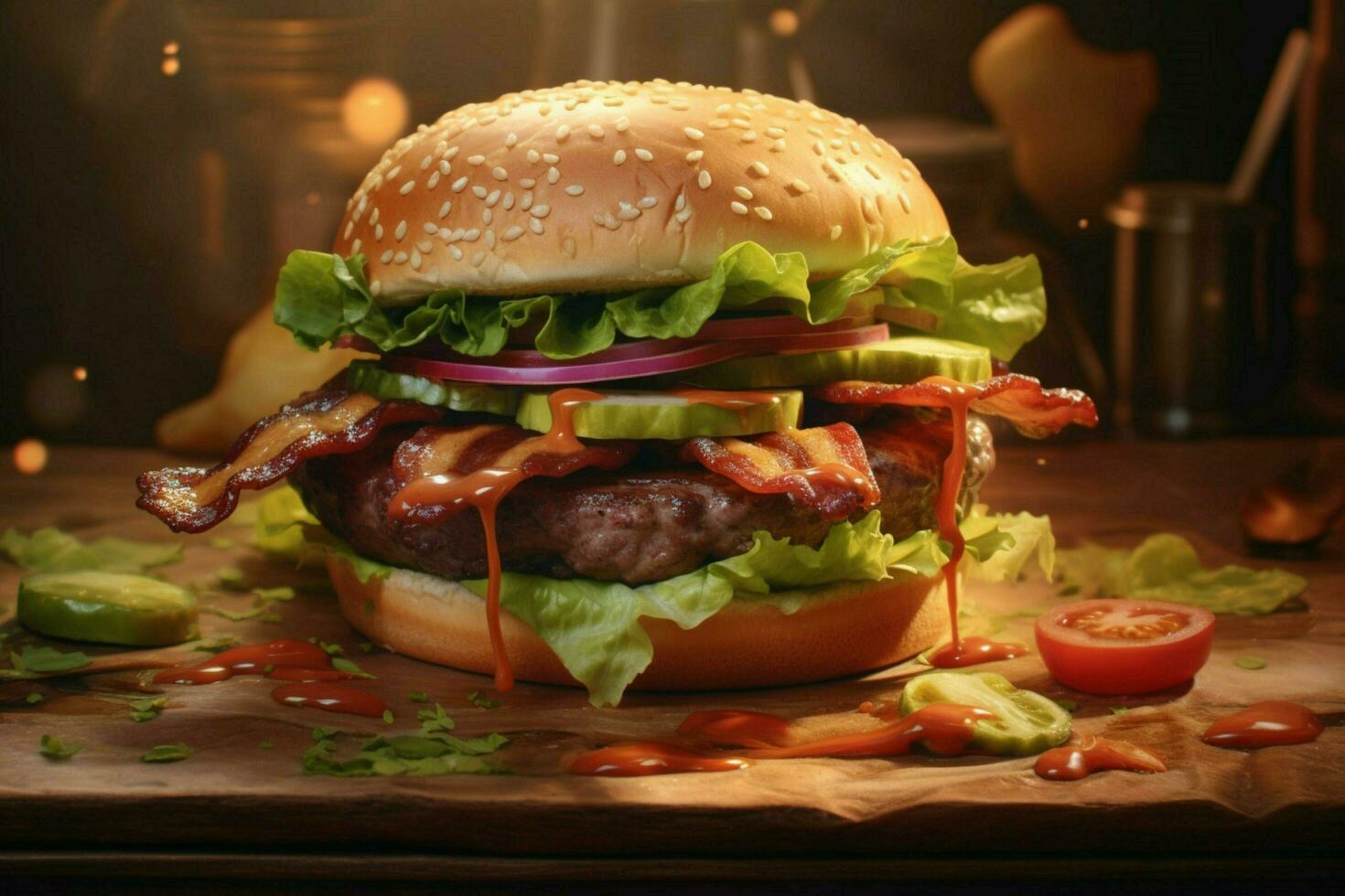 uma fotorrealista hamburguer com bacon alface carne foto