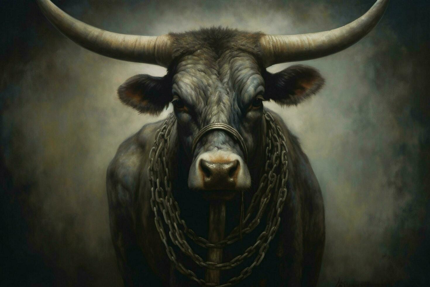 uma poster do uma touro com uma cadeia por aí dele pescoço foto