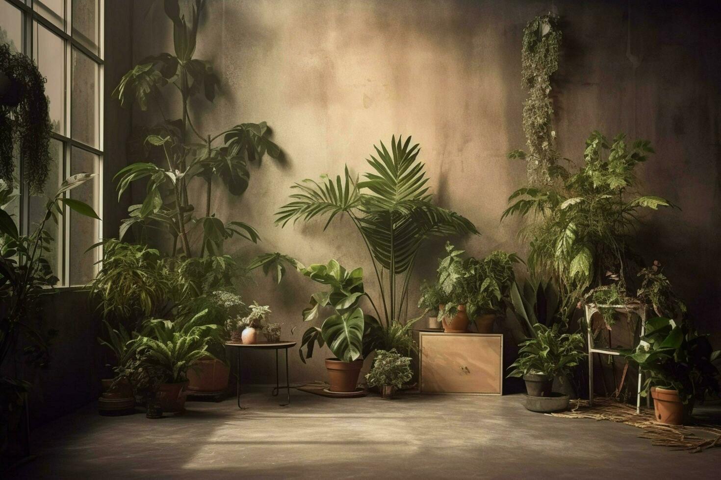 uma quarto com plantas e uma parede este diz foto