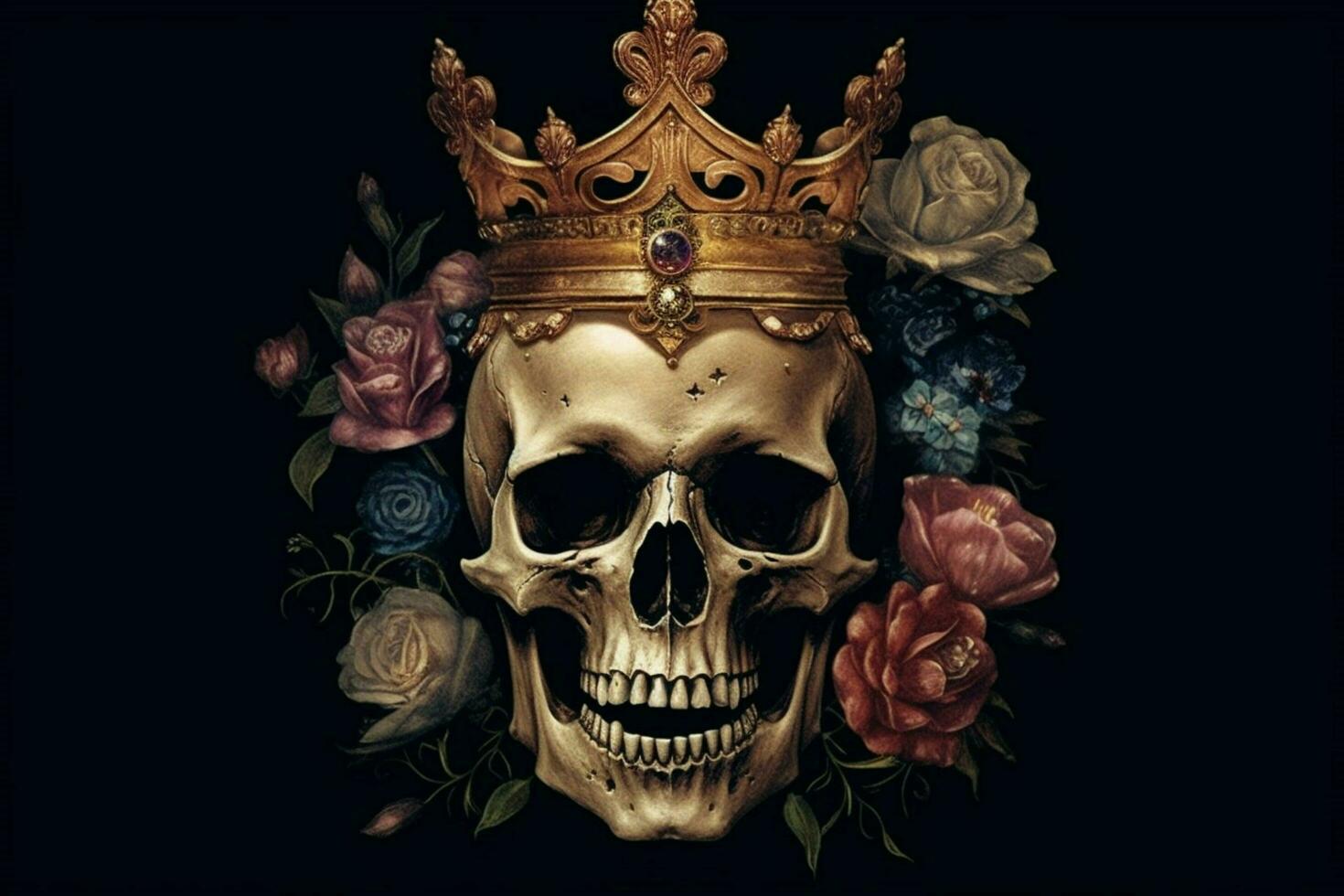 uma crânio com uma coroa e uma flor em isto foto