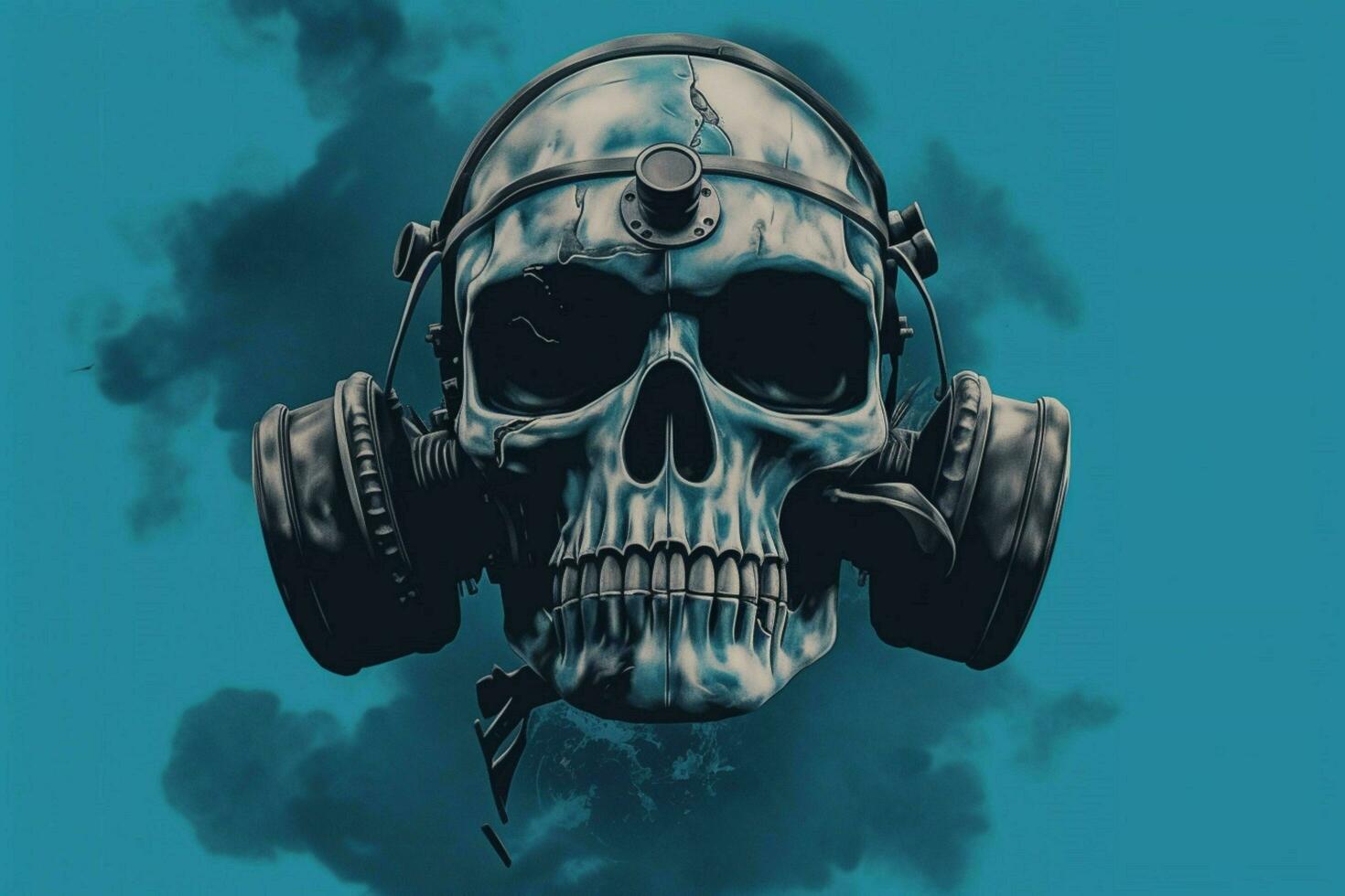uma crânio com uma gás mascarar e uma azul fundo foto