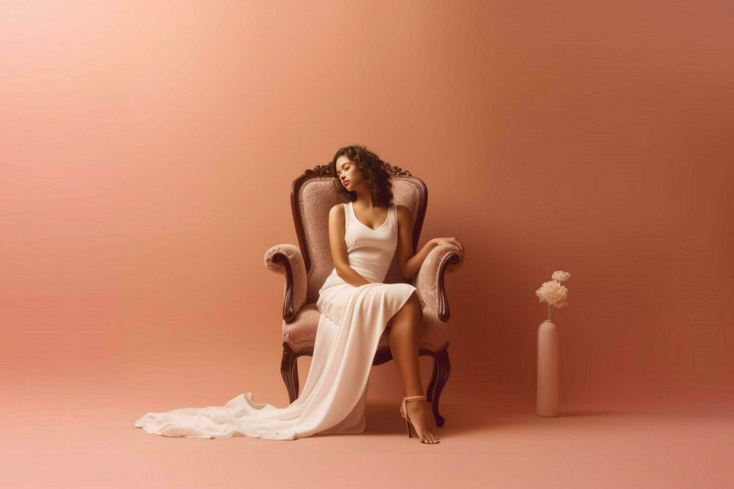 uma mulher senta em uma cadeira dentro uma branco vestir com uma p foto