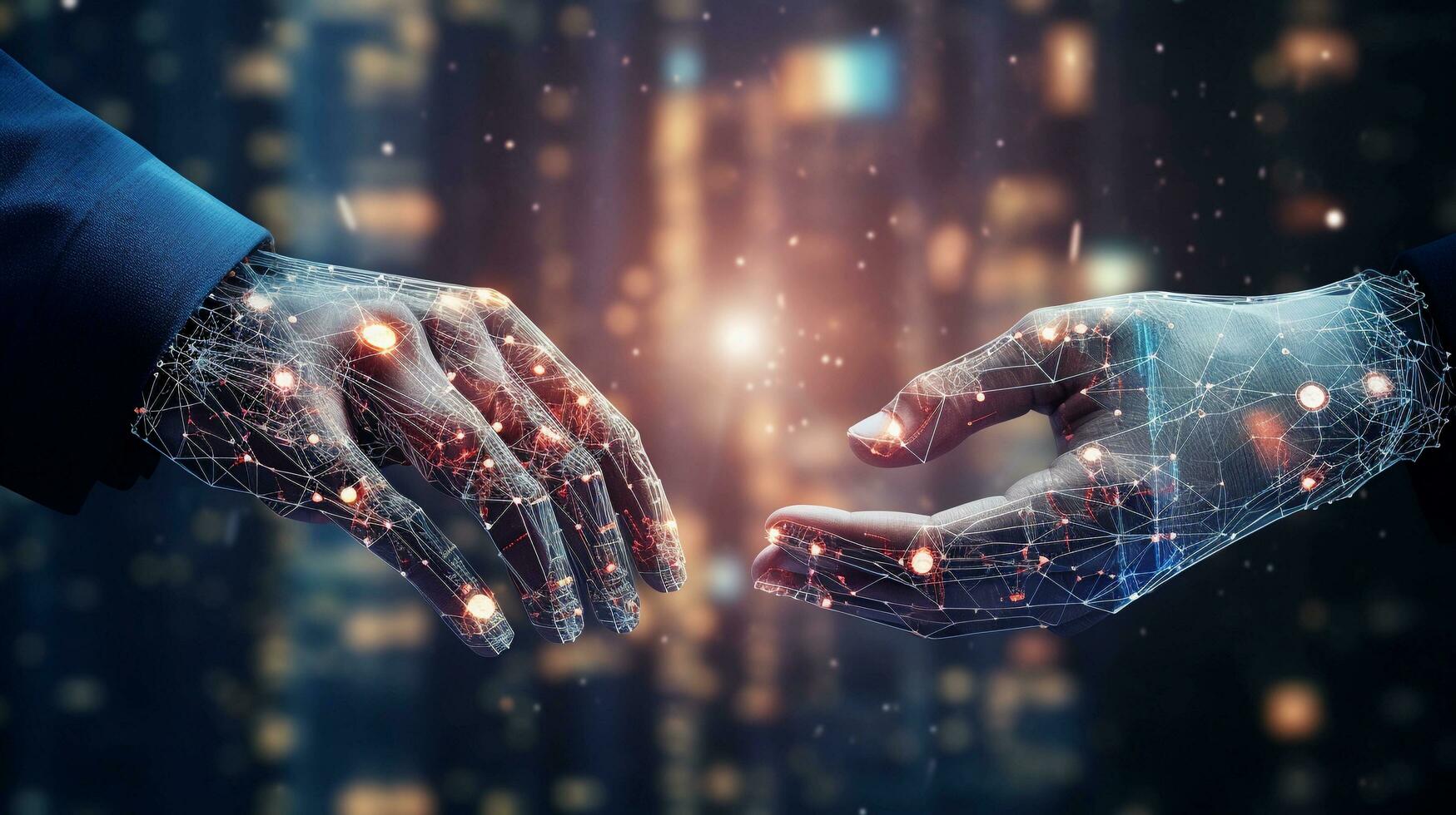 máquina aprendizado, mãos do robô e humano tocante em grande dados rede conexão fundo, Ciência e artificial inteligência tecnologia, inovação e futurista, ai gerado. foto