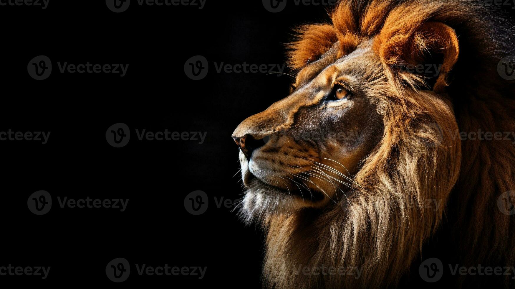 inspirador leão capturado dentro perfil, Está majestoso juba e focado olhar comandando atenção, com a discreto área para texto colocação. ai gerado foto