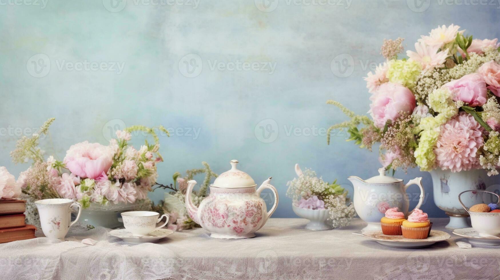 uma encantador jardim chá festa configuração com uma vintage mesa, xícaras de chá, e uma profusão do florescendo flores, conjunto contra uma texturizado, de cor pastel fundo. ai gerado foto