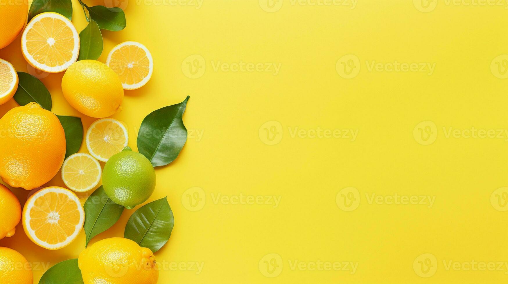 uma com tema cítrico papel de parede com laranjas, limões, e limas contra uma ensolarado amarelo texturizado fundo, ai gerado foto