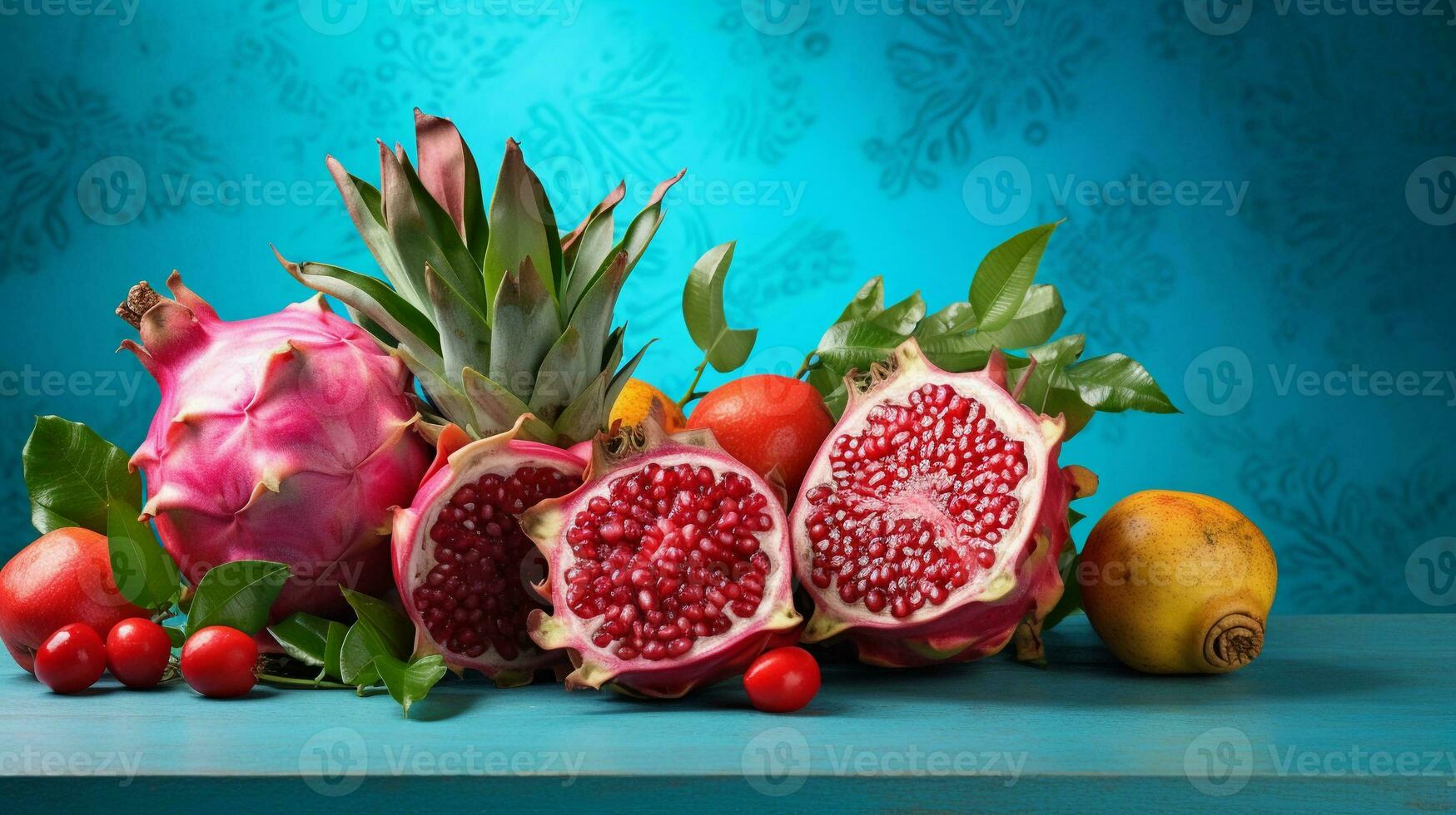 uma papel de parede apresentando exótico frutas tal Como Dragão fruta, lichia, e paixão fruta contra a intrincadamente texturizado turquesa fundo, criando uma tropical paraíso ambiente. ai gerado foto