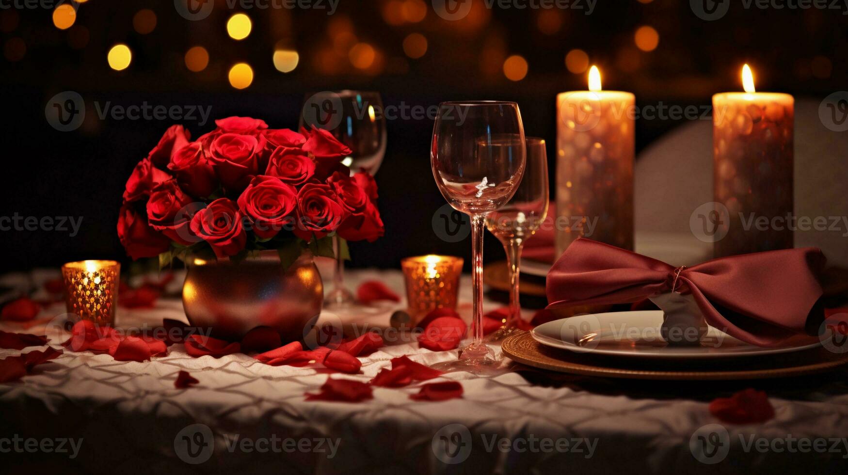 uma cena do uma belas conjunto romântico jantar mesa com velas rosas e texturizado tons quentes talheres, fornecendo espaço para texto. ai gerado foto
