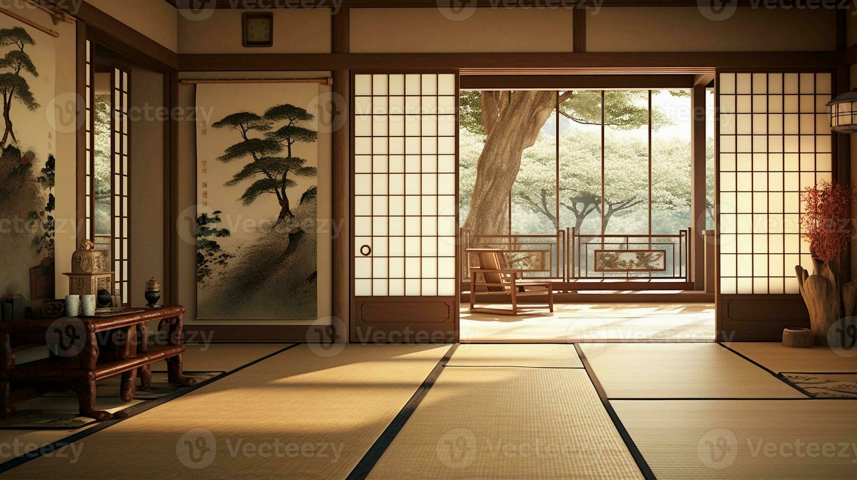 uma tranquilo cena capturando a beleza do tradicional japonês Fusuma portas adornado com pintado à mão motivos, conjunto contra uma com piso de tatame sala. ai gerado foto